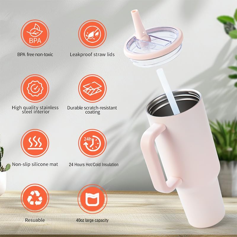 40 oz Insulated Tumbler with Handle,Flip Straw,Lid & Rubber Base Stainless Steel Water Bottle - Leak Proof Vacuum Insulated Mug BPA Free Reusable Travel Cup Gifts for Women/Men (Orange)