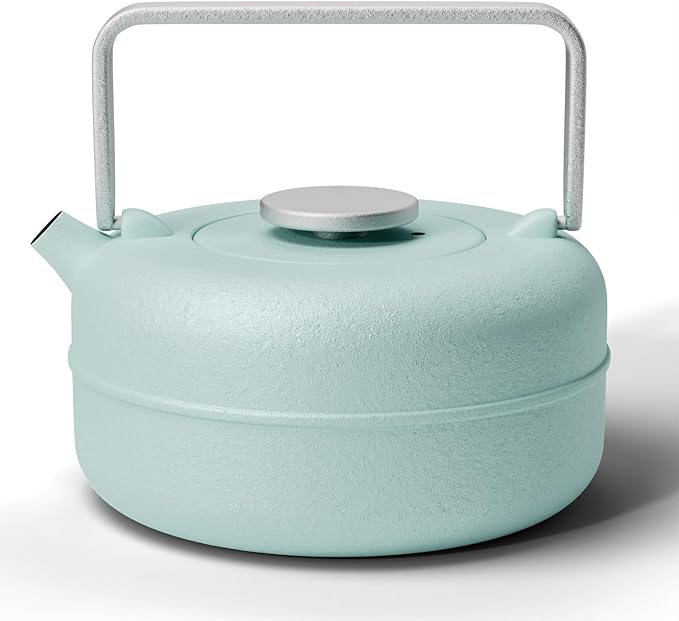 Toptier Teapot with Removable Infuser, Cast Iron Tea Kettle Stovetop Safe, Solid Geometry Cylinder Design Tea Pot Coated with Enameled Interior for 27 Ounce (800 ml), Babyblue - Bloomnest