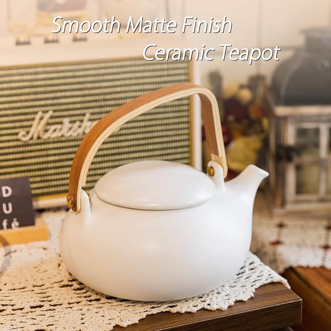 ZENS Teapot with Infuser, Ceramic Japanese 2cup Teapot for Loose Leaf Tea, 800ml Small Matte White Porcelain Tea Pot Gift with Modern Bentwood Handle - Bloomnest