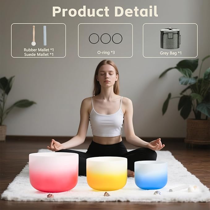 432HZ PCS Aria Gradient GEC Crystal Singing Bowl Set of 3, 8"G Throat, 10"E Solar Plexus, 12” Root with Case Suede Striker & O-Ring Sound Therapy for Reiki, Healing Energy - Bloomnest