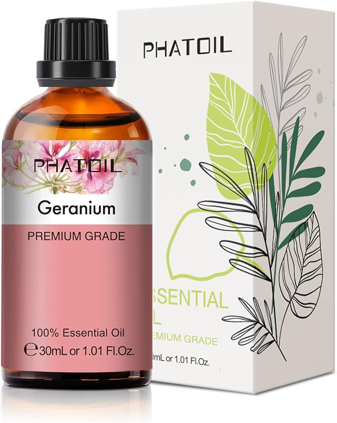 Geranium Essential Oil 1.01fl.oz/30ml, PHATOIL Premium Geranium Oils Long Lasting Scents for Aromatherapy, Diffuser, DIY Soap and Candle Making PHATOIL