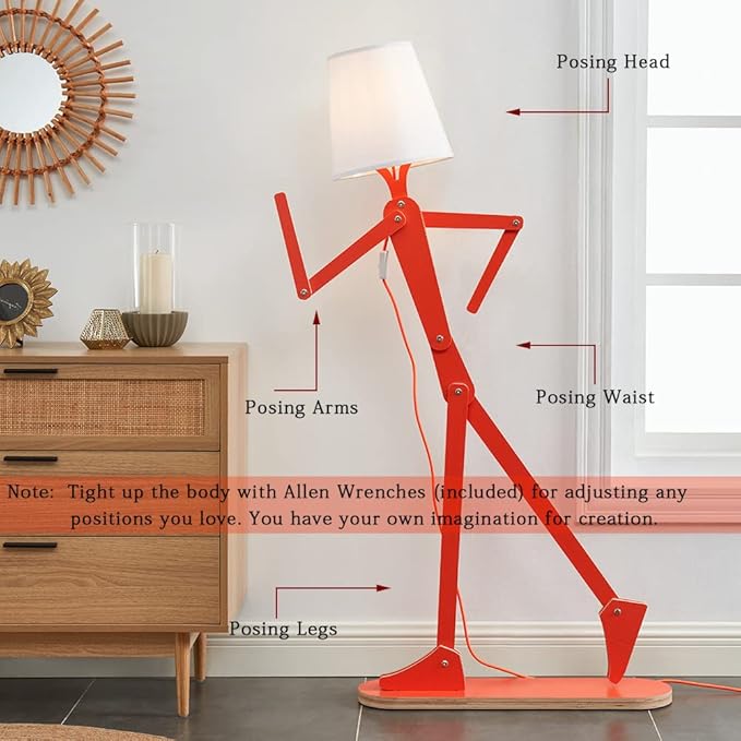 Cool Tall Floor Lamp for Bedroom & Living Room - Unique Corner Decorative Reading Wood Standing Light Creative Swing Arm Design for Farmhouse Dorn Gift Idea - Oran Orange Bulb Included - Bloomnest