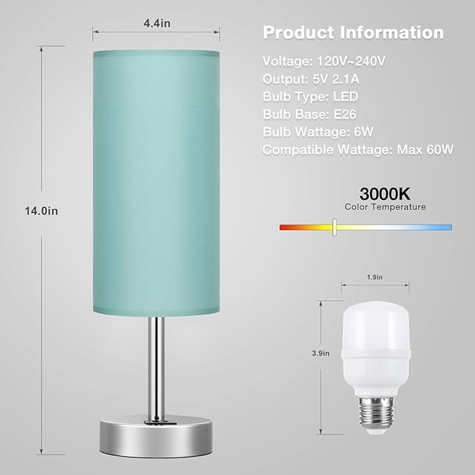 Teal Touch Bedside Lamps for Bedroom - Small Coastal Nightstand Lamp with USB-C and USB A Charging Ports, 3 Way Dimmable Control Table Lamp for Office, Dorm with Fabric Shade Silver Base - Bloomnest