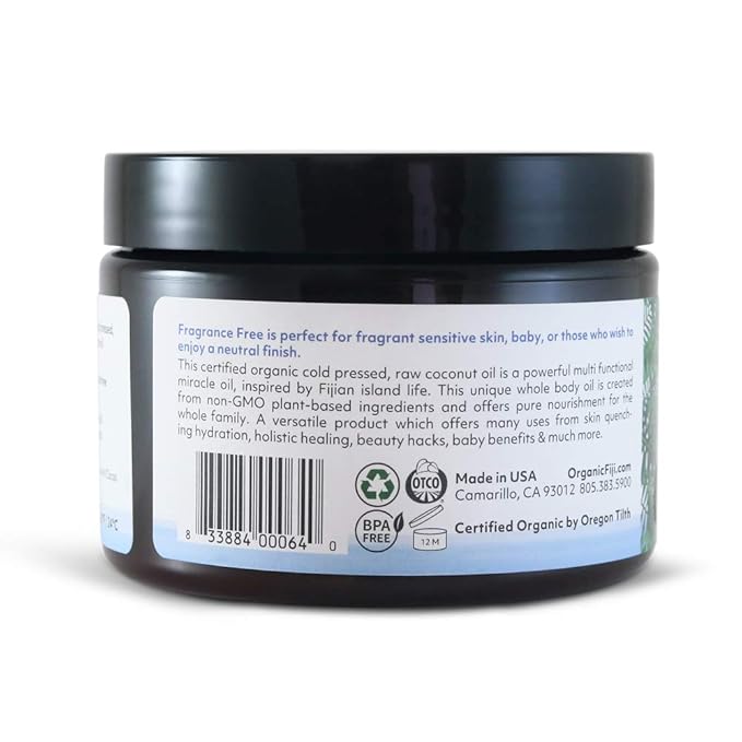 Organic Fiji Cold Pressed Coconut Oil Extra Virgin, Fragrance-Free for Hair, Skin, Face & Body Natural Moisturizer & Massage Oil for Women, Men & Baby 12 oz - Bloomnest