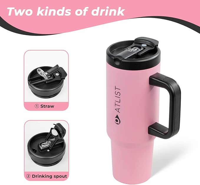 100% Leakproof 40 oz Tumbler with Handle & 4-in-1 SipSwig Lid, Built-In Flip Straw & External Stainless Steel Straw, Insulated Stainless Steel Cup, BPA-Free, Pink & Black - Bloomnest