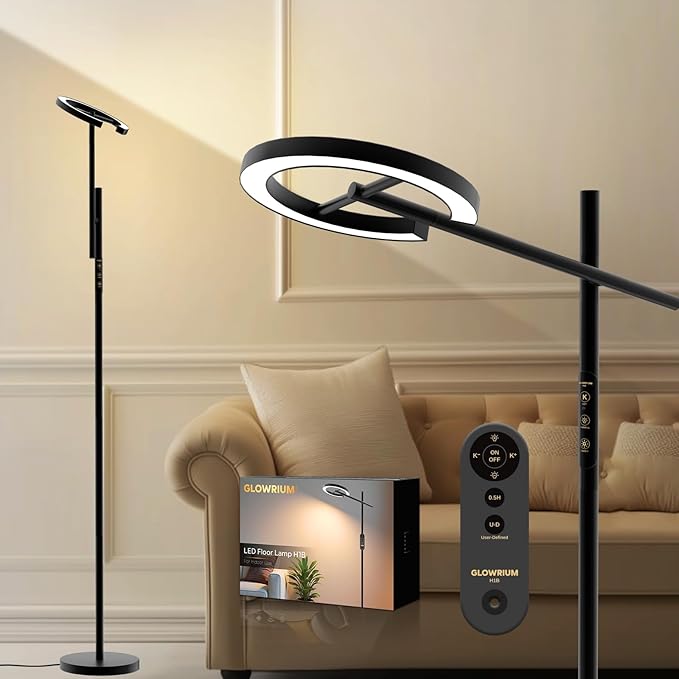 Happy Light Therapy Lamp, 12000 LUX UV-Free Sunlight Floor Lamp with Remote, Full Spectrum Sun Lamp, 4 Color Temps 2700-6500K & 7 Brightness & Timer LED Lamp for Living Room Bedroom Home Office, Black - Bloomnest