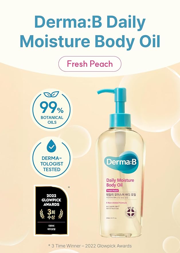 Derma B | Daily Moisture Body Oil | 99% Natural Argan & Sweet Almond Oil | Shower Oil for Dry Sensitive Skin | Light & Long-Lasting Hydration | Skin Body Care Oil with Peach Scent | 6.78 fl oz (200ml) - Bloomnest