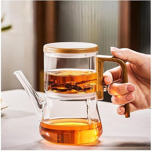 Semi-Automatic Glass Teapot with Wooden Handle, Heat Resistant Magical Teapot, Magnetic Water Separation Kungfu TeaPot, High Borosilicate Glass Tea Set Coffee Set, Clear Magic Pot for Holiday Gifts