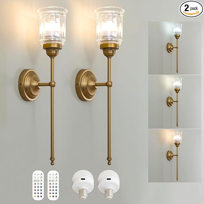 HEQIQEH Vintage Rechargeable Battery Operated Wall Sconces Set of 2 with Clear Fringe Glass Shade, Dimmable Cordless Wall Mounted Lamp Fixtures with Remote Control for Living Room Bedroom Stairs - Bloomnest