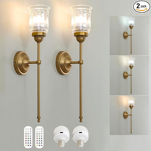 HEQIQEH Vintage Rechargeable Battery Operated Wall Sconces Set of 2 with Clear Fringe Glass Shade, Dimmable Cordless Wall Mounted Lamp Fixtures with Remote Control for Living Room Bedroom Stairs - Bloomnest