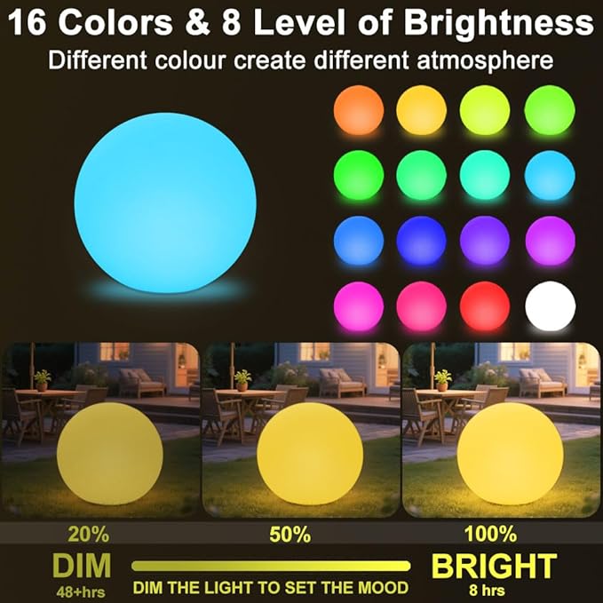 20-in LED Glowing Ball Light, Large Rechargeable LED Globe Orb Light w/Remote, Dimmable RGB Color Changing Globe Floor Lamp, Indoor/Outdoor Waterproof Mood Lamp for Home Garden Patio Lawn Party Decor - Bloomnest
