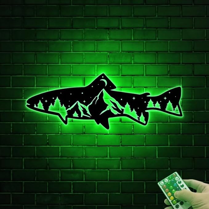 Personalized Neon Sign, Trout Fish Mountain Metal Wall Art Led Light, Fishing Gifts for Men, Gift for Dad, Fish and Trees Sign, Cabin Lodge Decor, Fisherman Gift - Bloomnest