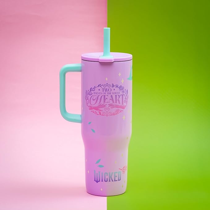 Zak Designs Wicked: For Good Sutton Travel Tumbler for On the Go, 30oz Stainless Steel with Vacuum Insulation, Silicone Straw, and Carry Handle for Cold Drinks (Glinda and Elphaba) - Bloomnest