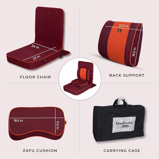 Friends Of Meditation Extra Large Meditation Chair | Floor Chair with Back Support | Yoga Chairs for Adults | Portable Folding Chair | Yoga Chair with Cushion & Meditation Block | Maroon | 24x22 in - Bloomnest