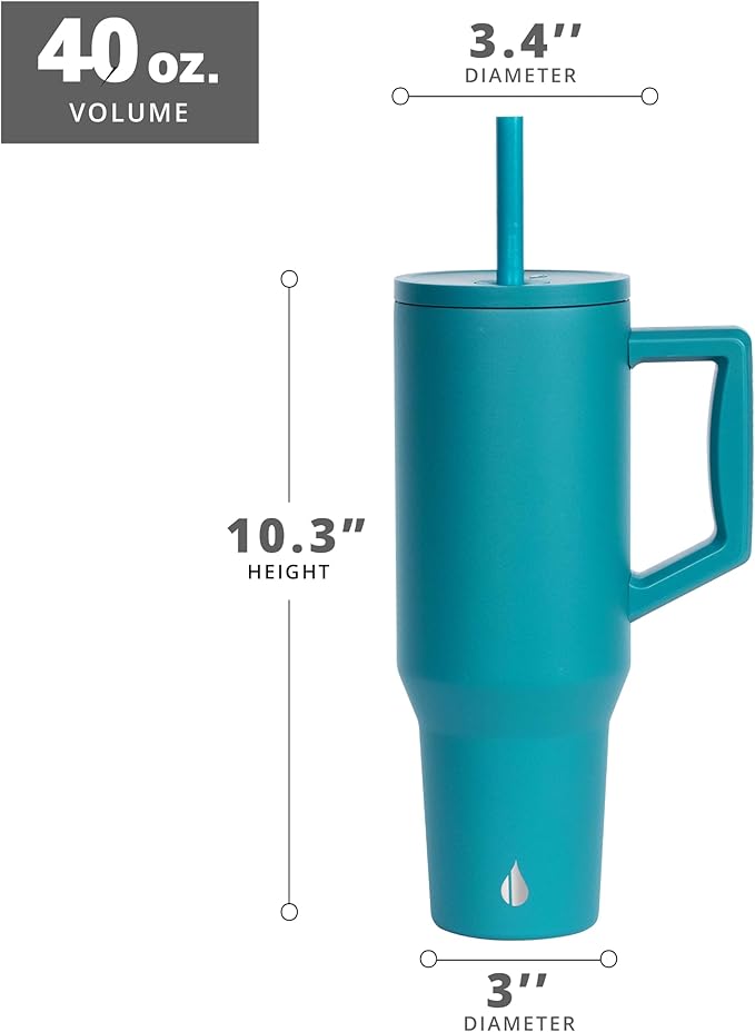 Elemental 40 oz Tumbler with Handle and Straw - Spill Proof Insulated Stainless Steel Commuter for Hot and Cold Beverages - Travel Coffee Mug with 2 Straws & Spill Proof Lid - 40oz - Teal - Bloomnest