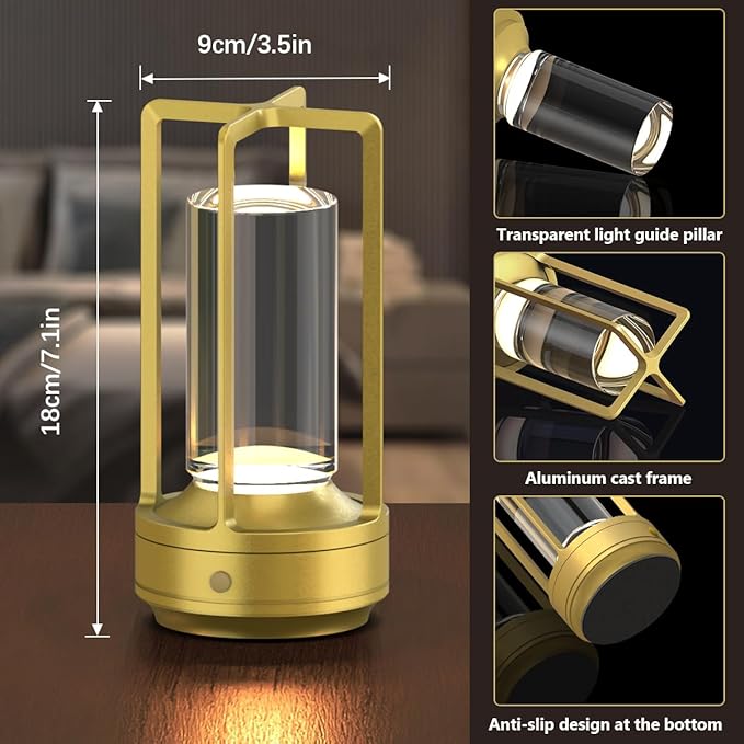 Small Cordless Table Lamps Rechargeable Set of 2 for Indoor/Outdoor, Portable Battery Operated Powered Lamps, Dimmable 3 Color Modes Waterproof, LED Desk Lights for Bedroom/Restaurant/Camping-Gold - Bloomnest