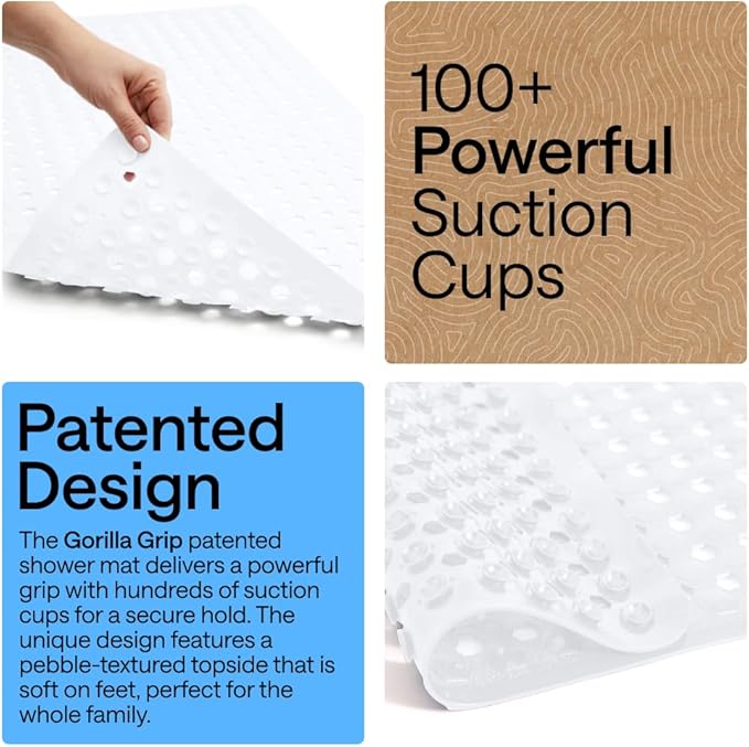 GORILLA GRIP Patented Square Shower Stall Mat, Small Bathtub Floor Mats for Stand Up Showers with Suction Cups and Drainage Holes, Machine Wash, Soft on Feet, Bathroom Accessories 21x21 Inch, White - Bloomnest