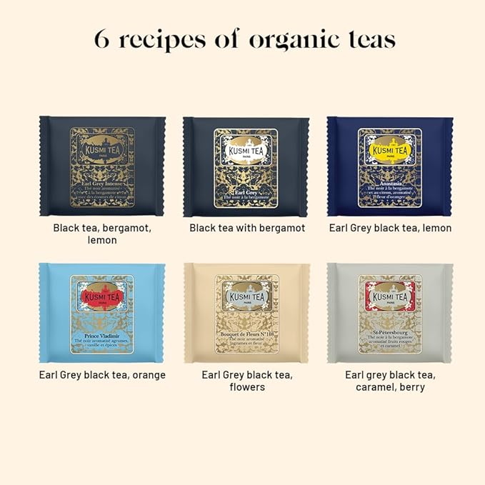 Kusmi Tea - Organic Black Tea Variety Box - Gift Idea for Men and Women - Earl Grey Tea - A Selection of 6 Iconic Flavors - 24 Tea Bags - Caffeinated Tea - Bloomnest