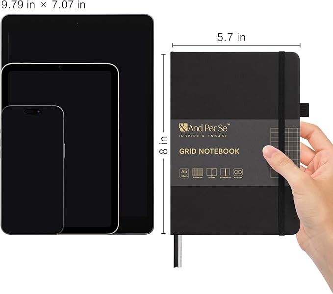 &And Per Se Graph Journal Notebook, 160 Pages, A5 5.7 x 8 inches 100 gsm Thick Paper Notebook Journals for Writing, Grid Hardcover Notebook(1 Pack, black)