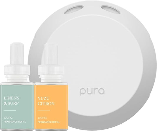Pura - Smart Home Fragrance Device Starter Set - Pura 4 - Scent Diffuser for Home - Includes Fragrance Aroma Diffuser - Square Box, Linens & Surf and Yuzu Citron Scent Refills - Bloomnest
