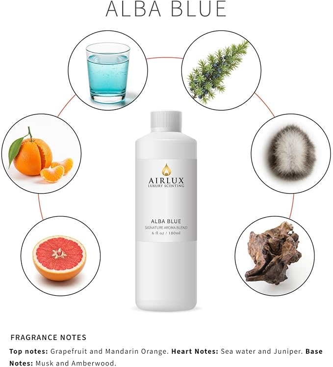 Signature Aroma Oil No. 135 Alba Blue – Aroma Oil for Cold Air & Waterless Diffusers and DIY Crafts – 180 mL, 6.1 fl oz Eco Refill Bottle Airlux
