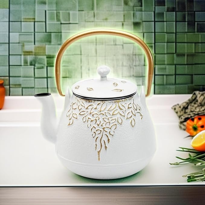 Tea Kettle, TOPTIER Japanese Cast Iron Teapot with Infuser for Loose Leaf and Tea Bags, Stovetop Safe Cast Iron Tea Kettle Coated with Enameled Interior for 40 oz (1200 ml), White - Bloomnest