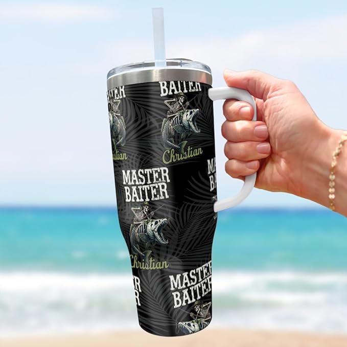 Funny Fishing Dad Tumbler with Handle and Straw, Custom Fisherman Gift with Pirate Fish Design, Personalized Present for Father Who’s a Bait Master - Bloomnest