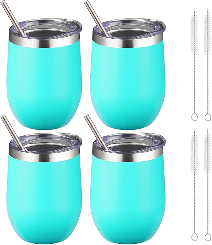 12 oz Insulated Wine Tumbler with Lid and Straw,Stainless Steel Stemless Wine Tumbler Glasses Double Wall Vacuum Wine Cups Tumbler Bulk for Coffee,Champaign,Office(Mint Green,4) - Bloomnest