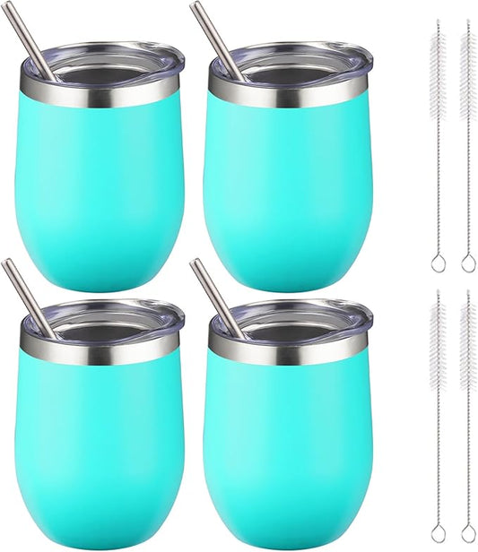 12 oz Insulated Wine Tumbler with Lid and Straw,Stainless Steel Stemless Wine Tumbler Glasses Double Wall Vacuum Wine Cups Tumbler Bulk for Coffee,Champaign,Office(Mint Green,4) - Bloomnest