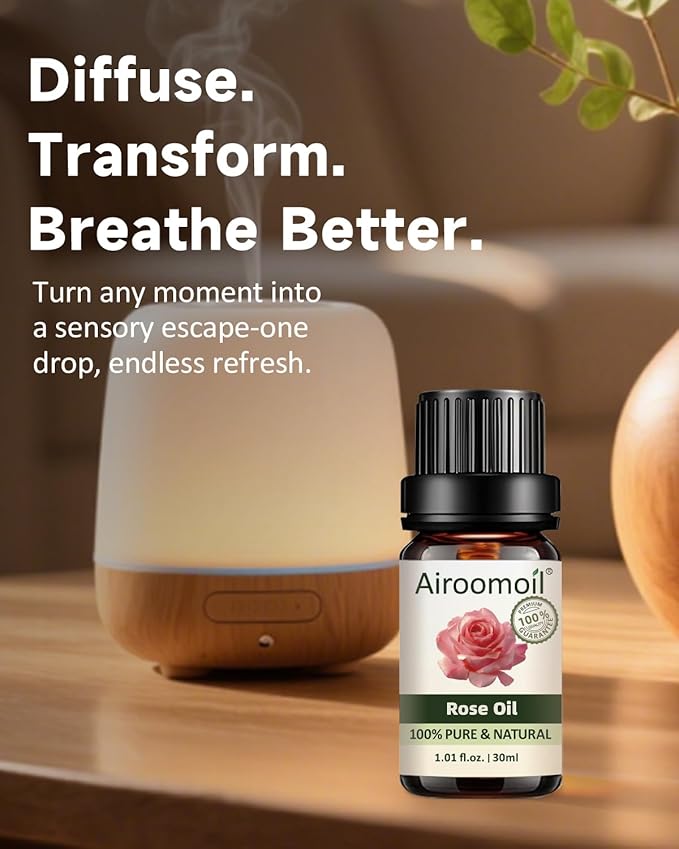 Rose Essential Oil with Glass Dropper - 1 Fl Oz | 30ml, 100% Pure Natural, for Diffusers, Aromatherapy, Skin, Massage, Candle and Soap Making Fragrance Airoomoil