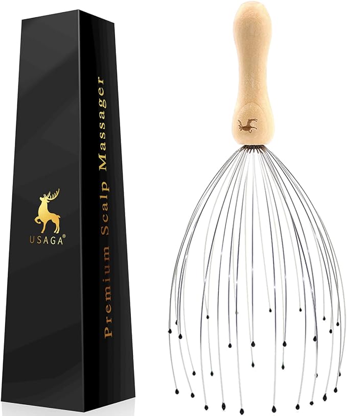 USAGA 32 Fingers Head Massager, Head Scratcher Scalp Massager, Stocking Stuffers Gift for Scalp Body Relaxing Wood Handle (1 Pack) USAGA