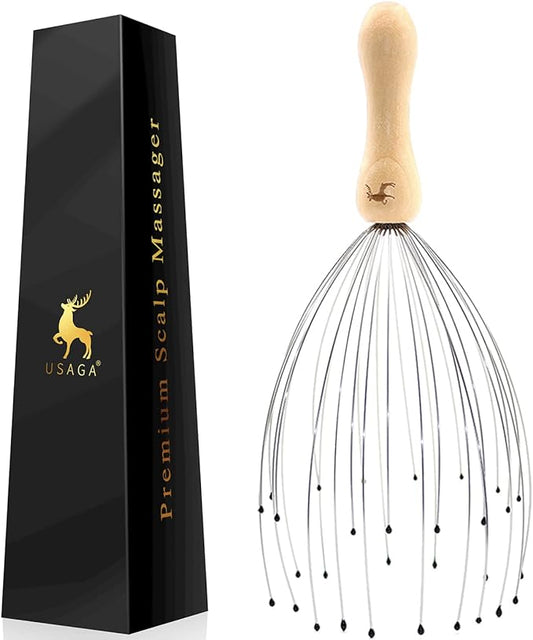 USAGA 32 Fingers Head Massager, Head Scratcher Scalp Massager, Stocking Stuffers Gift for Scalp Body Relaxing Wood Handle (1 Pack) USAGA