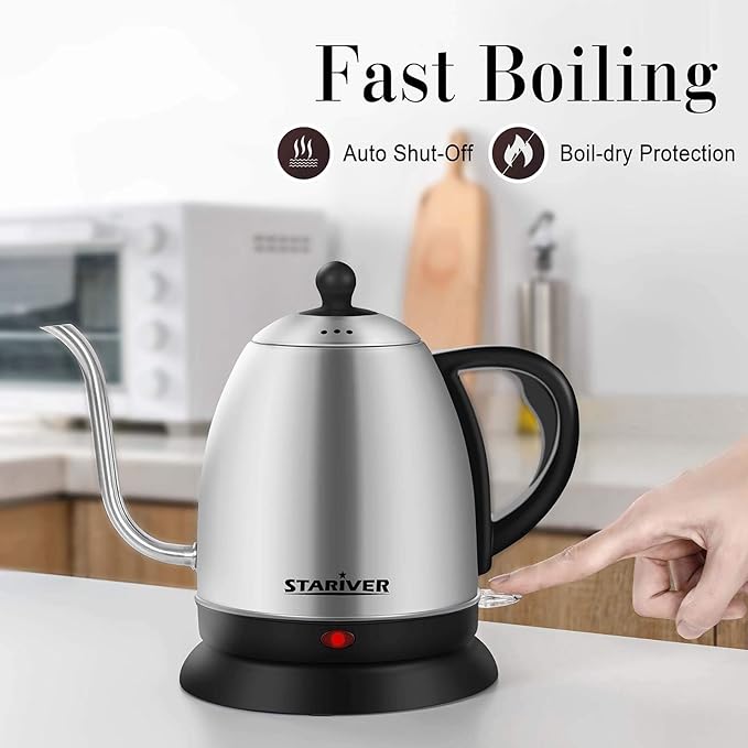 Stariver Electric Kettle Gooseneck Kettle, 1L Water Boiler, BPA-Free, Pour Over Tea Pot Stainless Steel for Coffee & Tea with Fast Heating, Auto-Shut Off and Boil-Dry Protection Tech - Bloomnest