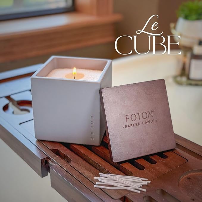 Foton Pearled Candle Le Cube Concrete Vase Set 16 Oz Square - Misty Monte Scented - Refillable Jar Scented Candle Sand Wax with 15 Wicks - Natural Non-Toxic Decorative Candles for Home - Bloomnest