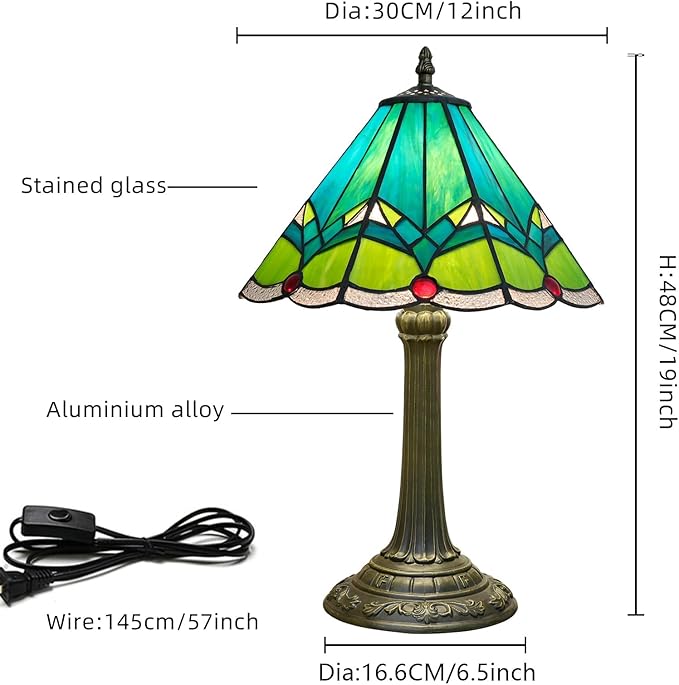 Green Tiffany Lamp Retro Rural Style Farmhouse Teal Bedroom Bedside Reading Light Living Room Hotel Bar Home Decor 12x19 Inch E26 Nightstand Unique Colored Bronze Metal Base Stainred Glass Table Lamp - Bloomnest