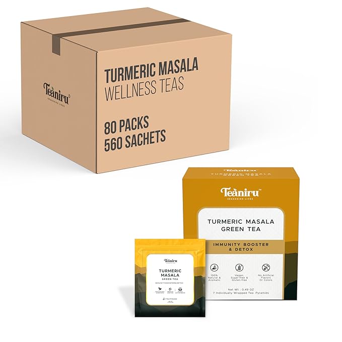 Teaniru, Turmeric Masala Tea, 1 Carton (Box of 80) - 560 Sachets | Pyramid Tea Bag | Wellness Tea For Corporates & Restaurant & Tea Lovers | Gluten Free, Sugar-Free - Brew Hot or Cold - Bloomnest