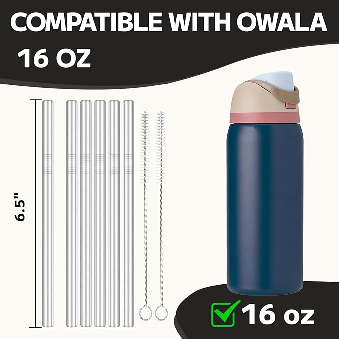 MIMORE Metal Straw for Owala 16 oz - 6 PCS Satinless Steel Straws Compatible with Owala Straw Replacement - Resuable & Dishwasher Safe Mimore