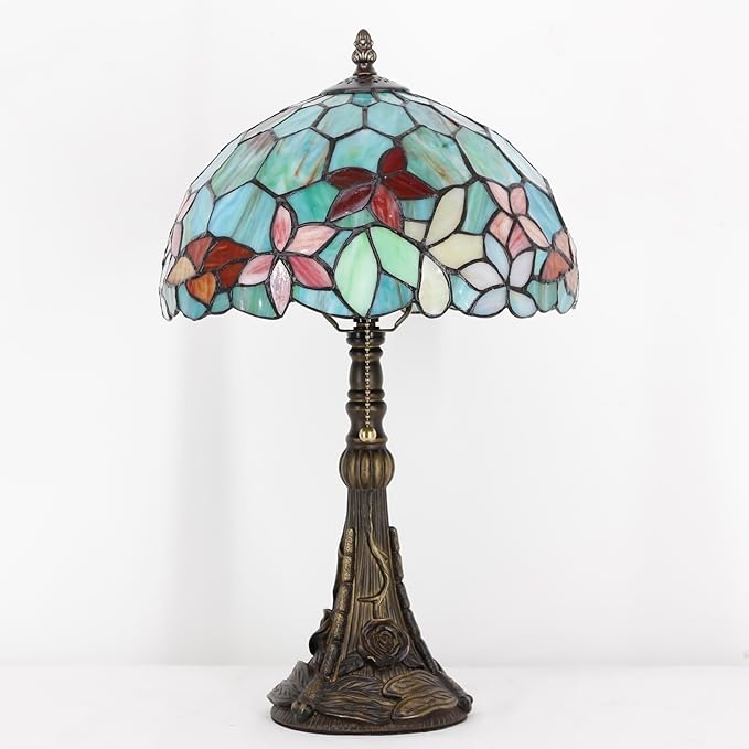Tiffany Stained Glass Table Lamp 12X12X19 Inch Green Red Flowers Style Desk Bedroom Living Room Reading Light (Red Flowers Style) - Bloomnest
