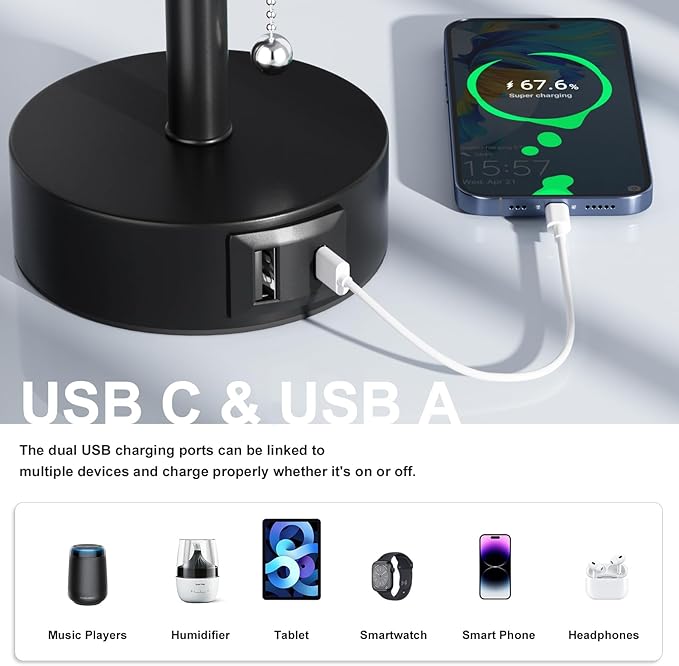 Fenmzee USB Bedside Table Lamps Set of 2-3 Color Temperatures Pull Chain Lamp with USB C and A Charging Ports, Round Night Stand Lamps for Bedroom - Bloomnest