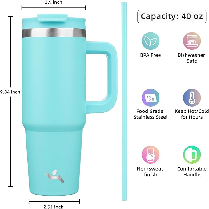 40 oz Tumbler with Handle and 2 Straws,2 in 1 Lid Insulated Water Bottle Stainless Steel Travel Coffee Mug,Turquoise - Bloomnest
