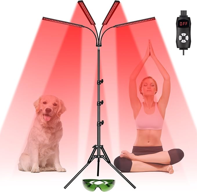 SAVILER® Red Light Therapy with 4 Heads, 3-in-1 Chip Infrared Light Therapy Device, Adjustable Stand, 660nm Red Light and 850nm Near Infrared Light for Face, Body, Pain,Skin, Home Use