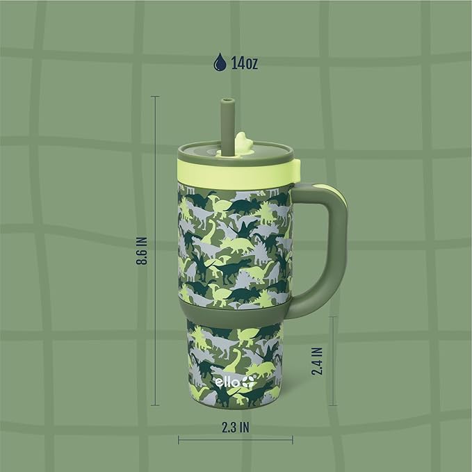 Ello Oasis 14oz Stainless Steel Toddler Tumbler with Handle & Retracting Straw, 100% Leakproof, Double-Wall Vacuum Insulated, Kids Water Bottle for School, BPA Free, Dishwasher Safe, Dinos - Bloomnest