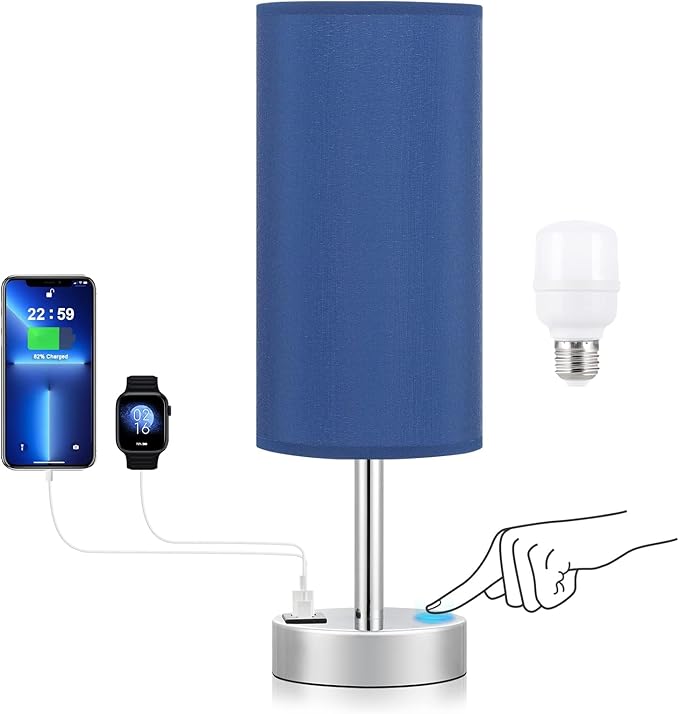 Navy Blue Touch Lamp for Boys - Small Nightstand Lamp with USB-C and USB Charging Ports, 3 Way Dimmable Bedside Table Lamp with Fabric Shade Silver Base for Nursery, Dorm, Office, Reading - Bloomnest
