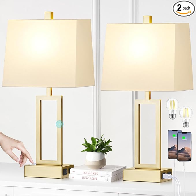 Touch Control Table Lamps Set of 2, Modern Gold Bedside Lamps with USB A+C Ports & AC Outlet, 3 Way Dimmable Contemporary Nightstand Lamps for Bedroom Living Room(LED Bulb Included) - Bloomnest