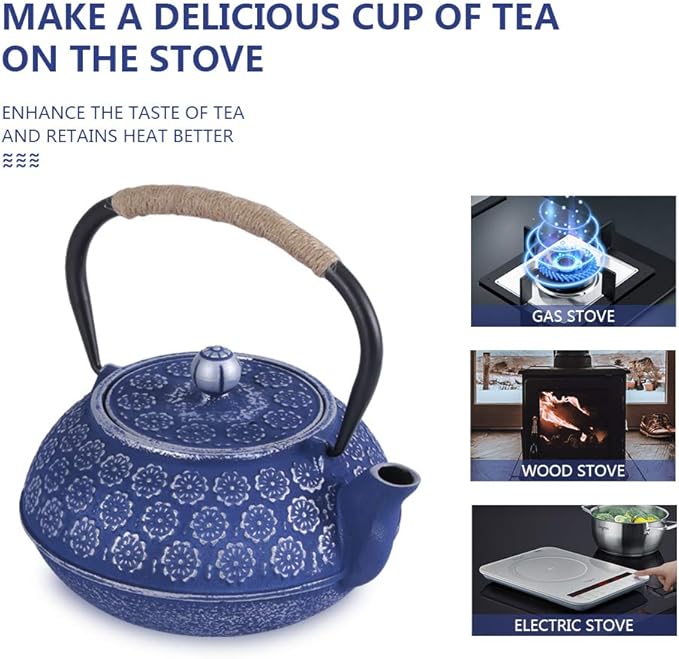 Ufine Blue Floral Cast Iron Teapot Set Japanese Style Tetsubin Tea Kettle with 4 Cups, Stainless Steel Infuser for Stove Top Tea Brewing 28 oz - Bloomnest