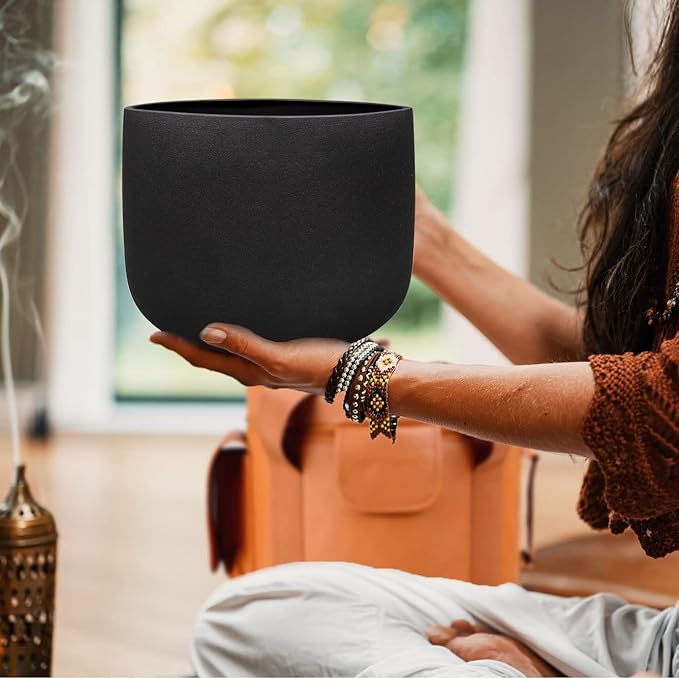 TOPFUND Black E Note Crystal Singing Bowl Solar Plexus Chakra 10 inch with Artificial Leather Carrying Case and Suede Mallet