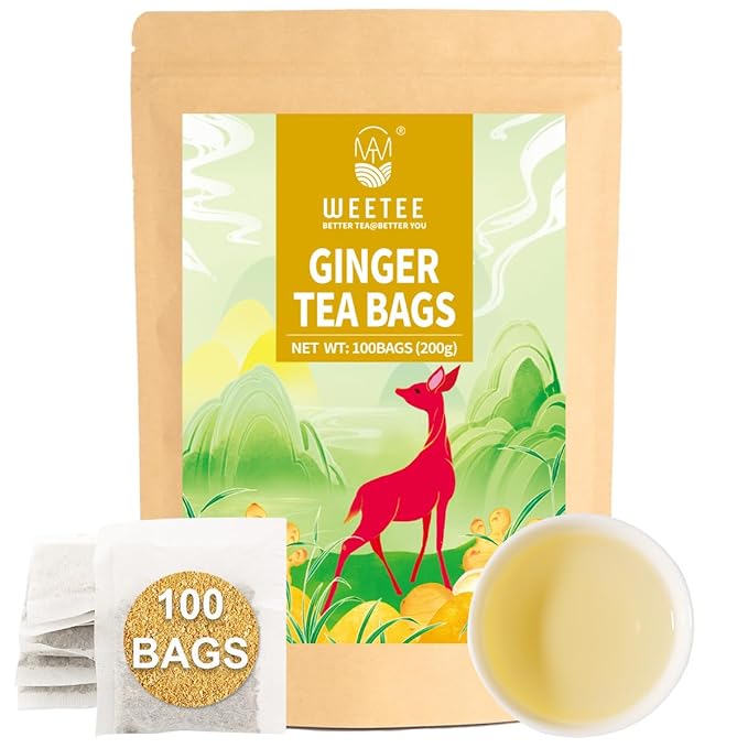 WT WEETEE Ginger Tea Bags, 100 Count Pure Ginger Root Tea, Warm & Spicy, Natural Caffeine Free Herbal Tea, No Spices & Flavors - Bloomnest