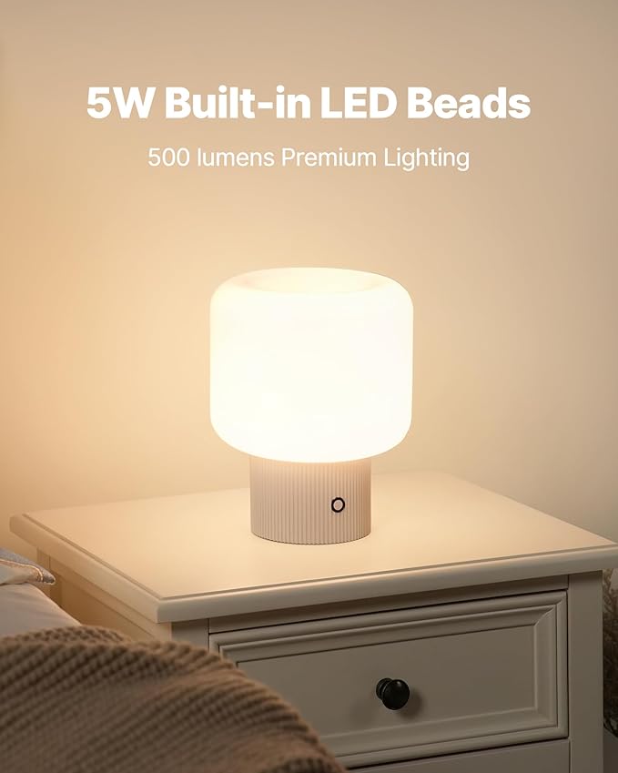 Halo Mushroom Lamp, 5W Cute Cordless Rechargeable Table Lamp with Glass Shade, 3 Color Temps LED Dimmable Ambient Lighting, Small Retro Touch Bedside Light for Bedroom Decor, White - Bloomnest