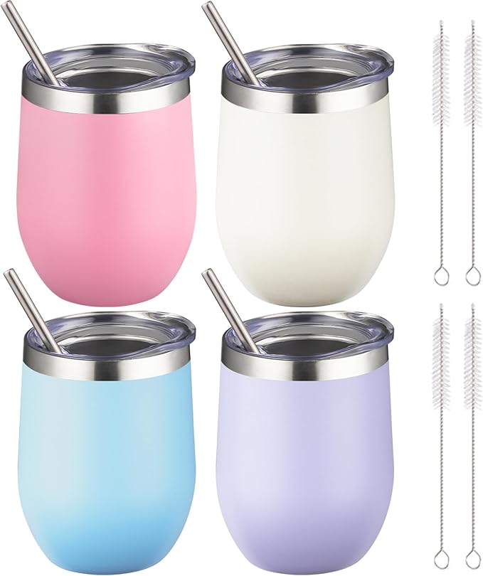 12 oz Insulated Wine Tumbler with Lid and Straw,Stainless Steel Stemless Wine Tumbler Double Wall Vacuum Wine Cups Tumbler Bulk for Coffee,Champaign,Cocktail,Office(Lavender/Cream/Pink/Baby blue) - Bloomnest