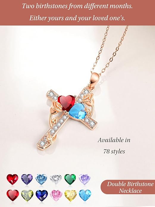 Rose Gold Dual Birthstones Cross Necklace for Women Rose Flower Jewelry Anniversary Christmas Mother's Valentine's Day Birthday Gift for Wife Girlfriend Mom - Bloomnest